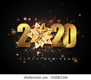 2020 Happy New Year vector background with golden gift bow, confetti, white numbers. Winter holiday greeting card design template. Christmas and New Year posters.