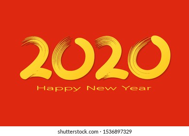2020 Happy New Year, Vector illustration. calligraphy 2020 gold color by brush on red background. 