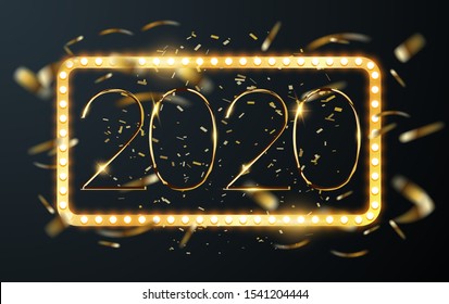 2020 Happy New Year vector background with golden , confetti, gold numbers.  Vector label frame retro light boxes. Party poster, banner or invitation. xmas, vector