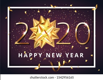 2020 Happy New Year vector background greeting with golden gift bow, confetti, gold shine numbers. Christmas celebrate design. Festive premium concept template for holiday.