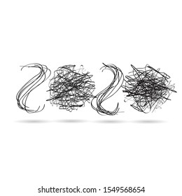 2020, happy new year. Vector creative number with chaotic scribble 