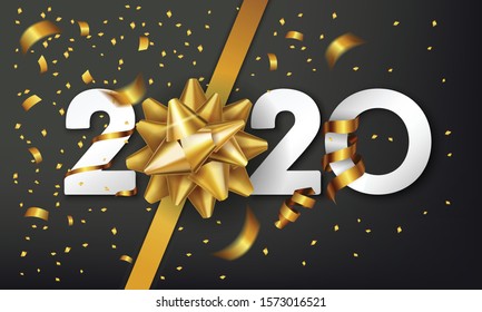 2020 Happy New Year vector background with golden gift bow and confetti. Christmas celebrate design