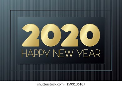 2020 Happy New Year vector greeting card. Golden icon with lines background. Banner for celebration, congratulation, web, design, decoration