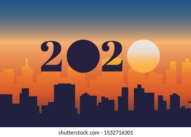 2020 Happy New Year view city background. 2020 Number sun Text Design.Vector illustration. 