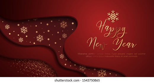 2020 Happy New Year Waved Festive Background. Gold text design and decoration with snowflakes. Dark red vector template for banners, cards, etc