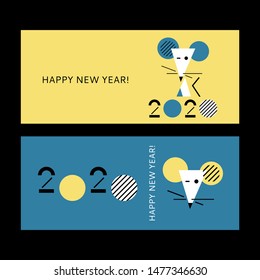 2020. Happy New Year 2020. Year of the White Rat. Concept. Trendy graphic design with a white rat for a calendar, banner, card, cover, invitation. Creative  geometric minimalism illustration. Vector.