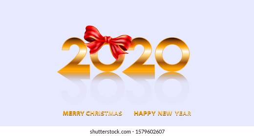 
 2020. Happy New Year. White background with red bow. Christmas celebrate design for holiday. Vector illustration.