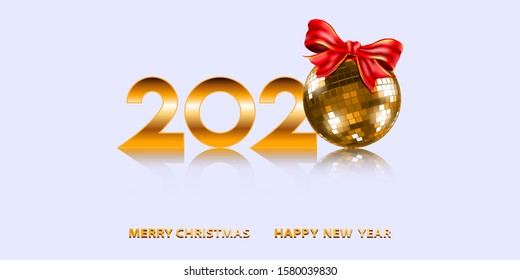 
 2020. Happy New Year. White background with red bow end gplden disco ball . Christmas celebrate design for holiday.
