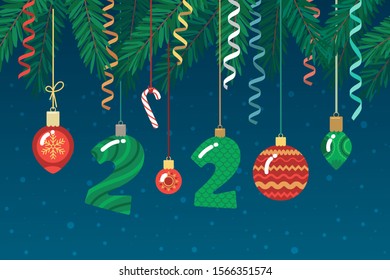 2020 Happy New Year Winter Tree and Ball Illustration. Russian Traditional Holiday