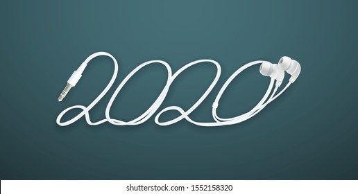 2020 Happy New Year wire logo with stereo mini earphones with cord and 3,5mm plug design. Cover of music diary for 2020 with songs. Brochure design template Isolated on blue background.
