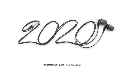 2020 Happy New Year wire logo with stereo mini earphones with cord and 3,5mm plug design. Cover of music diary for 2020 with songs. Brochure design template Isolated on white background.