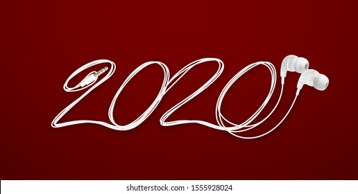 2020 Happy New Year wire logo with stereo mini earphones with cord and 3,5mm plug design. Cover of music diary for 2020 with songs. Brochure design template Isolated on red background.