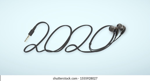 2020 Happy New Year wire logo with stereo mini earphones with cord and 3,5mm plug design. Cover of music diary for 2020 with songs. Brochure design template Isolated on white background.