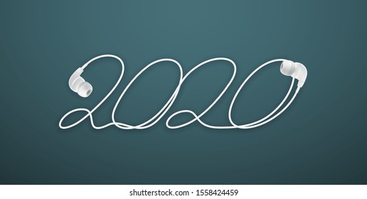 2020 Happy New Year wire logo with stereo mini earphones with cord and 3,5mm plug design. Cover of music diary for 2020 with songs. Brochure design template Isolated on blue background.