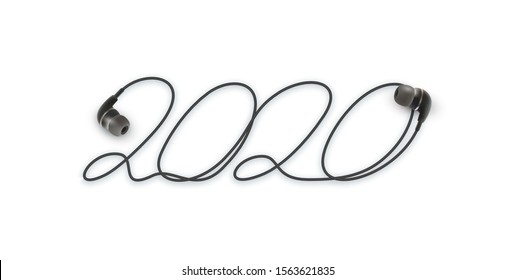 2020 Happy New Year wire logo with stereo mini earphones with cord and 3,5mm plug design. Cover of music diary for 2020 with songs. Brochure design template Isolated on white background.