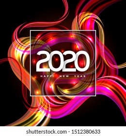 2020 Happy Year New Vector Art Colorfully Background with Dynamical Curves Shapes and Frame with Stylish Congratulations Text. Fashion Motion Design. Modern Calendar Number. 2020. Vector Illustration. 