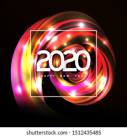 2020 Happy Year New Vector Art Lighting Decoration Background. Dynamical Turbulence Wave, Frame with Stylish Congratulations Text. Christmas Design. Modern Calendar Number. 2020. Vector Illustration. 