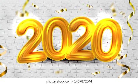 2020 Helium Balloons Congratulation Banner Vector. Yellow Numbers Two Thousand Twenty 2020 And Bright Foil Confetti Isolated On White Brick Wall Background Postcard Realistic 3d Illustration