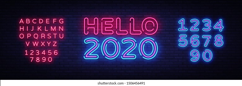 2020 Hello Neon sign Vector. Happy New Year neon poster, design template, modern trend design, night signboard, night bright advertising, light banner, light art. Vector. Editing text neon sign 2020 Hello Neon sign Vector. Happy New Year neon poster, design template, modern trend design, night signboard, night bright advertising, light banner, light art. Vector. Editing text neon sign