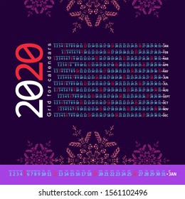 2020 horizontal calendar grid. Light on dark.