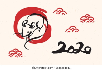 2020. Illustration of year of the rat painted with calligraphy and brush