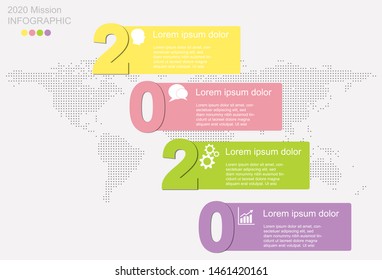 2020 Infographic mission with  workflow layout, Design information, icon and timeline, World map timeline vector infographics with icon, color guide and options, vector eps10 illustration