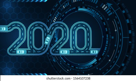 2020 inscription. Stylized under the road theme. Car service. Diagnostics GUI. Top view on cars. Vector illustration