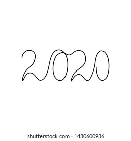 
2020 inscription, two thousand and twenty continuous line drawing, calendar design postcard banner, calligraphy year of the rat sign lettering, single line on a white background, vector line art.