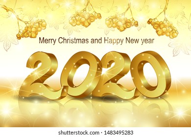 2020, the inscription-Happy New year and Christmas. Gold numbers with reflection on white background with branches, Rowan berries, stars and snowflakes. Suitable for calendar, decorative greeting card
