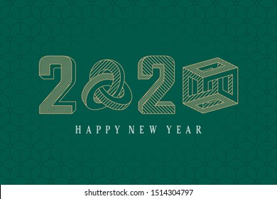 2020 Inverted Technical Draw Style Numerals Logo with Triple Mobius Loop and Irrational Cube Impossible Figures and Happy New Year Lettering - Gold on Hexagonal Background - Vector Graphic Design