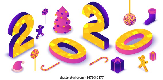 2020 isometric 3d letters, typography numbers, new year party illustration, christmas holiday poster, winter event vector concept, violet, yellow, pink colors