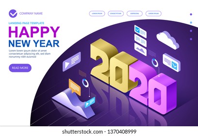 2020 Isometric a Happy New Year greetings. Jubilee or birthday logotype. Vector modern minimalist Happy new year Isometric card for 2020 Year. Multi colored Isometric illustration. Vector.