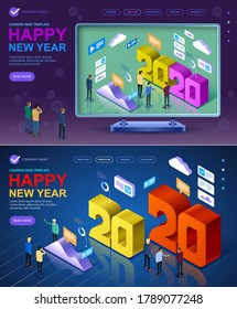 2020 Isometric a Happy New Year greetings. Jubilee or birthday logotype. Vector modern minimalist Happy new year Isometric card for 2020 Year. Multi colored Isometric illustration. Vector illustration