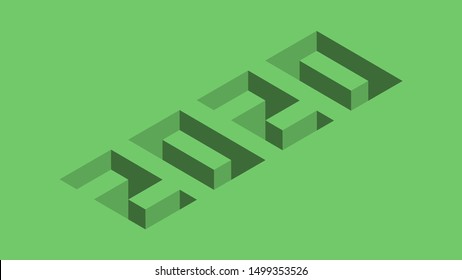 2020. Isometric style text with depth effect. In the colors of the green leaves of a poplar tree. Minimalistic happy new year illustration template.