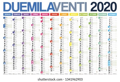 2020 italian calendar with italian holidays, zodiac , saints, moon phases, astronomical events, sunset and sunrise