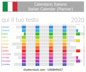 2020 Italian Planner Calendar with Horizontal Months on white background