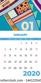 2020 january calendar abstract contemporary art vector. Desk, screen, desktop month 01, 2020, colorful 2020 calendar template, agenda pattern. Psychedelic sketched calendar, day planner. January page.