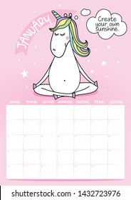 2020 january calendar with calligraphy phrase and unicorn doodle: create your own sunshine. Desk calendar, planner design, week starts on sunday, stationery design.