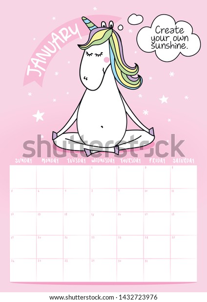 2020 January Calendar Calligraphy Phrase Unicorn Stock Vector