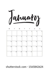 2020 January calendar desk planner, weeks start on Monday. Hand drawn lettering font. Vector Black and white monochrome template, minimalist scandinavian design, monthly wall desk organizer