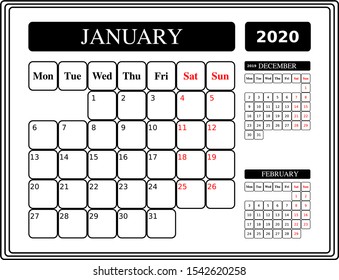 2020 January calendar template, January 2020 desk calendar, planner design, week starts on Monday. Black colour calendar for January 2020 on white background. Simple style calendar vector.