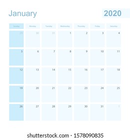 2020 January wall planner in blue color, week starts on Sunday. Calendar for January 2020 with day of previous and next month.