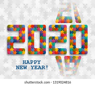 2020 jigsaw puzzle background with many colorful pieces. Happy New Year card design.  Abstract mosaic template. Vector illustration.