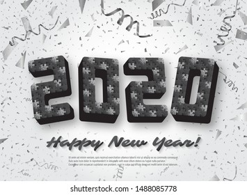 2020 jigsaw puzzle background with many silver glitter and black pieces. Happy New Year card design.  Abstract mosaic template. Vector illustration.
