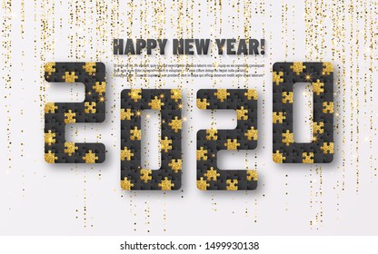 2020 jigsaw puzzle background with many golden glitter and black pieces. Happy New Year card design.  Abstract mosaic template. Vector illustration.