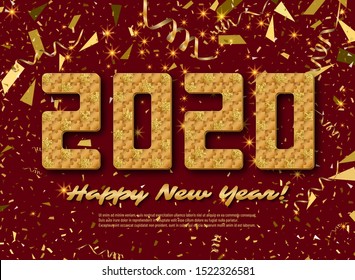 2020 jigsaw puzzle background with many golden glitter and gold pieces. Happy New Year card design. Abstract mosaic template. Vector illustration.