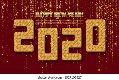 2020 jigsaw puzzle background with many golden glitter and gold pieces. Happy New Year card design. Abstract mosaic template. Vector illustration.