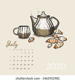 2020 July calendar food and tea art vector. Tea party sketched calendar. July page with brown teapot, cup, croissants hand drawn vector illustration for tea, coffee shop, restaurant 07, 2020 template.