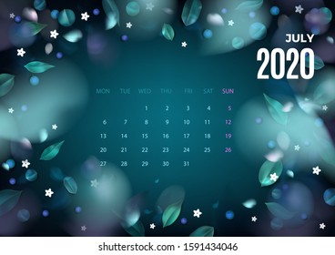 2020 July calendar template. Vector colorful design