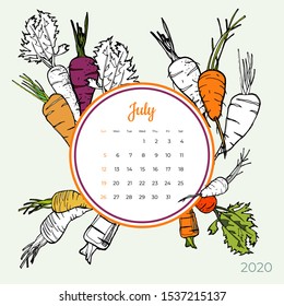 2020 July calendar vegetable. Orange carrot groceries art vector set. Desk, screen, colorful 2020 calendar template. Organic fresh food hand drawn line illustration. Sketched calendar, day planner.